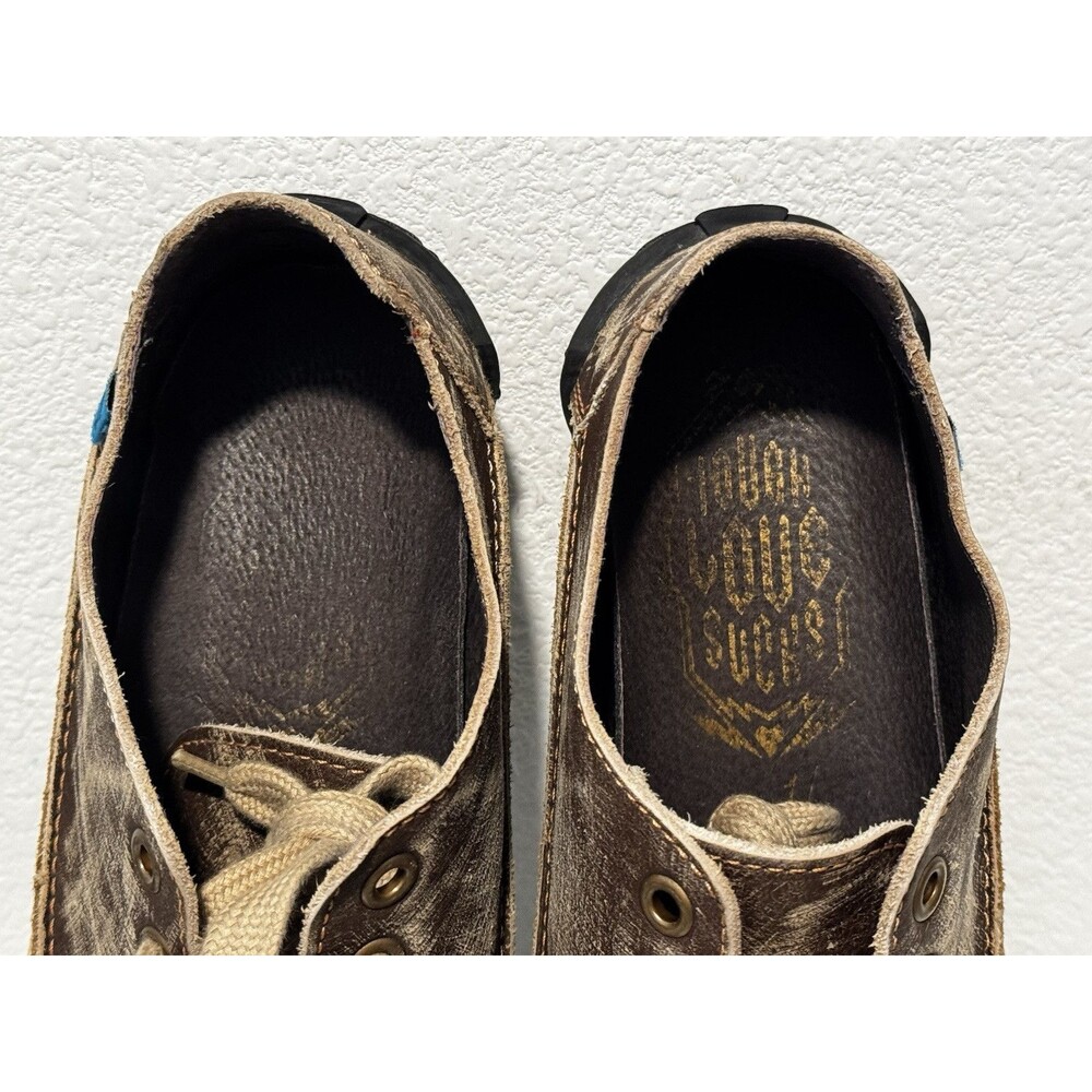 JOHN FLUEVOG Distressed Leather Shoes Sz 11 Brown Tough Love Sucks Unique Artsy - Picture 16 of 16